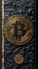 Poster - Stylized Bitcoin symbol embossed on textured black and gold background, with intricate design elements