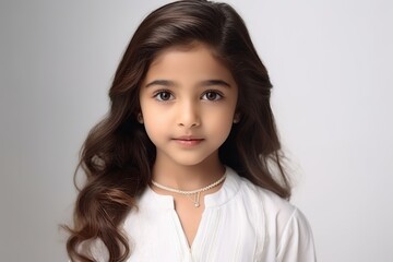 Wall Mural - Portrait of a beautiful little girl with long brown hair, studio shot.