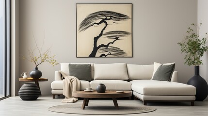 A modern living room with a white sectional sofa, a round coffee table, two end tables, and a black and white painting of a tree on the wall.