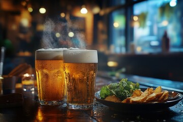 Wall Mural - two glasses of beer and a plate of food on a table