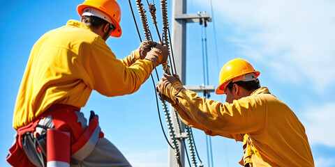 Poster - two workers in safety gear are installing electrical components on tall poles against a clear blue s