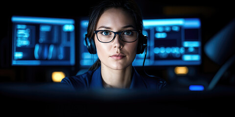 Poster - A focused woman with glasses wears a headset, surrounded by glowing computer screens in a dimly lit environment, portraying a high-tech workspace.