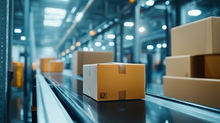 Cardboard boxes on a conveyor belt in a distribution center