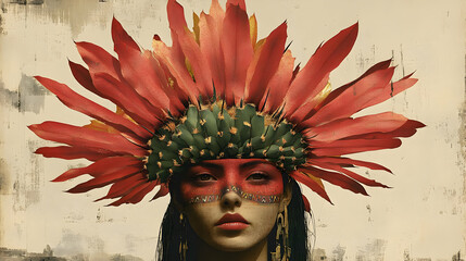 Wall Mural - Woman adorned with vibrant floral headdress and tribal face paint.