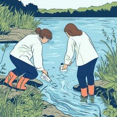 two scientists in lab coats and boots take water samples from a river for testing.