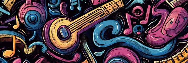 Poster - Colorful doodles depict various musical elements like instruments, sound waves, and notes, celebrating the joy of music in an artistic way. Generative AI