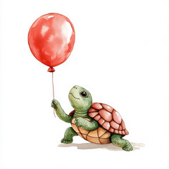 Wall Mural - A playful little turtle holding a bright balloon, sitting on an isolated background. Watercolor hand-drawn illustration of a cute turtle toy, ideal for children's room designs.