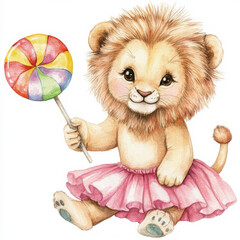 A sweet baby lion wearing a pink skirt and holding a colorful lollipop, sitting on an isolated white background. Watercolor hand-drawn illustration of a joyful lion cub, great for fun children's decor