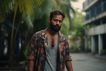 Wall Mural - Portrait of young handsome Indian man with beard and mustache wearing a khaki shirt