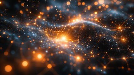 Fototapete - The artwork depicts a mesmerizing cosmic landscape filled with glowing orange particles and intricate lines, resembling a vast network of stars and galaxies in deep space.