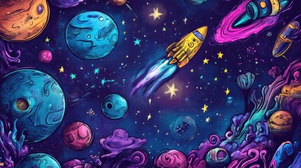 Aufkleber - Colorful cosmic doodles feature planets, rockets, and stars, creating an imaginative celestial journey through the universe. Generative AI