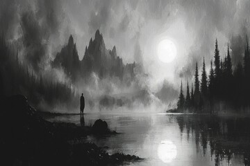 Wall Mural - A Solitary Figure Stands Before a Misty Lake and Mountain Range