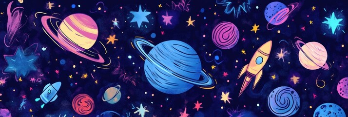 Poster - A vibrant collection of cosmic-themed doodles featuring planets, stars, rockets, and asteroids floating in a deep, dark space setting. Generative AI