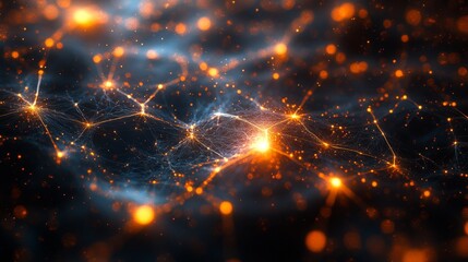 Fototapete - A stunning display of glowing orange particles interconnected by delicate lines against a dark backdrop, symbolizing energy and communication in the universe.