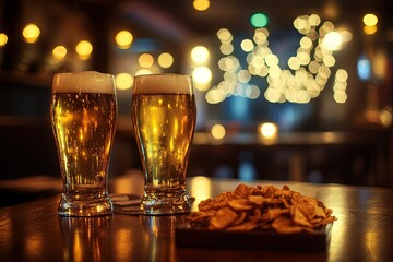 Wall Mural - a couple of glasses of beer sitting on top of a table