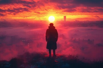 Wall Mural - A lone figure silhouetted against a vibrant sunset over a foggy city.