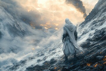 Wall Mural - A lone figure in white robes stands on a snow-covered mountainside with a fiery background.