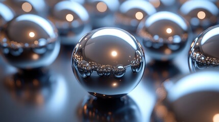 Leinwandbilder - Numerous glossy metallic spheres are arranged on a reflective surface, capturing and reflecting soft lights in an artistic indoor setting, creating a mesmerizing visual effect.