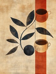Poster - Two stylized cups and tea leaves intertwine elegantly, set against a textured backdrop of warm colors and simple lines. Generative AI