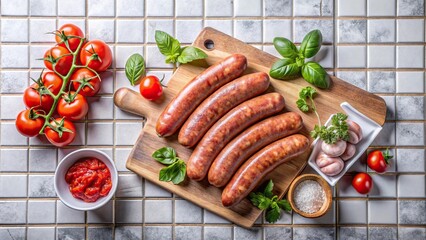 Delicious sausages and tomatoes on board and plate against white background