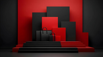 Wall Mural - Black and Red Geometric Shapes with Bags on a Platform