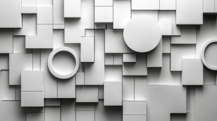 Leinwandbilder - A variety of white geometric shapes, including squares and circles, are arranged on a textured surface, emphasizing minimalism and abstract design.