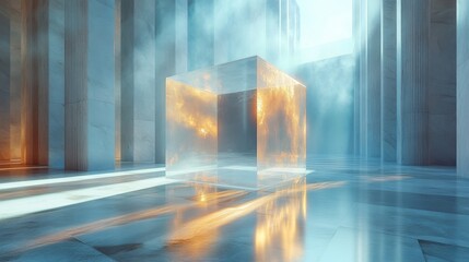 Aufkleber - A translucent cube stands in the center of a bright, spacious setting filled with tall glowing pillars. Soft mist creates an ethereal atmosphere.