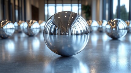 Poster - A variety of shiny metallic spheres rest on a smooth, polished floor, illuminated by ample natural light from large windows, creating a modern aesthetic.