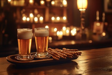 Wall Mural - two glasses of beer and a tray of pretzels on a table