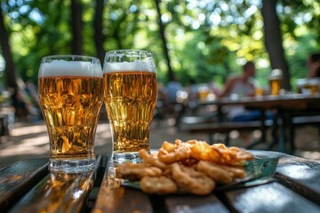 Wall Mural - a couple of glasses of beer sitting on top of a table