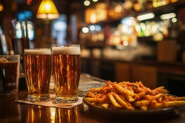 Canvas Print - a plate of food and two glasses of beer on a bar