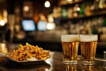 Canvas Print - a plate of food and two glasses of beer on a bar