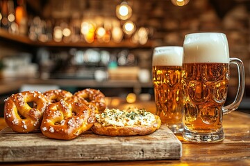 Canvas Print - a wooden table topped with pretzels and beer