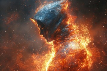 A Person Wearing A Silver Hooded Garment Is Surrounded By Flames