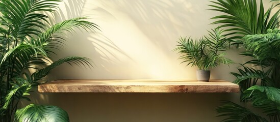 Wall Mural - Empty wooden shelf with potted plants against a beige wall, sunlight and shadows, perfect for product display.