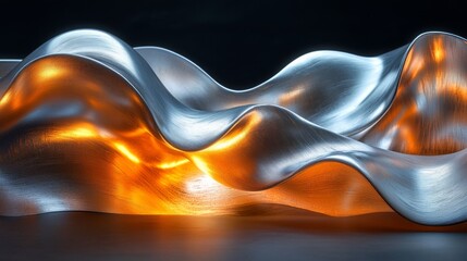 Leinwandbilder - A captivating metallic sculpture features smooth, flowing curves illuminated by warm orange lighting, contrasting beautifully against a dark backdrop, creating an intriguing visual effect.