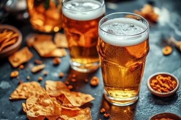 Wall Mural - two glasses of beer and chips on a table