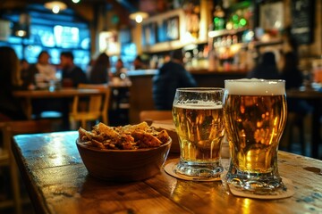 Canvas Print - two glasses of beer and a bowl of food on a table