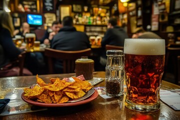 Wall Mural - a plate of chips and a glass of beer on a table