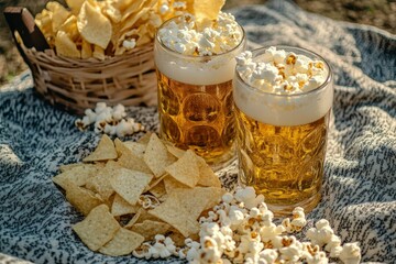 Wall Mural - two glasses of beer and some snacks on a blanket