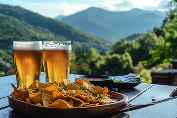 Canvas Print - a plate of nachos and two glasses of beer