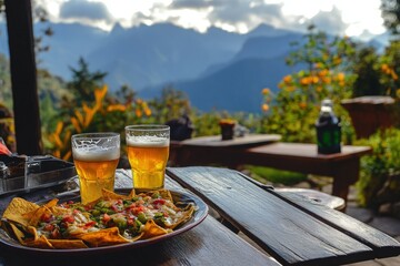 Wall Mural - a plate of nachos and a glass of beer on a table