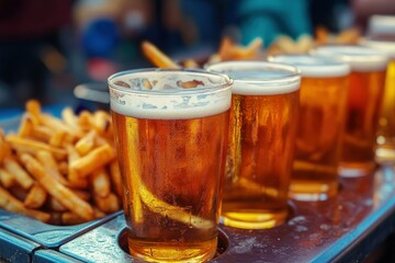 Canvas Print - a row of beer glasses sitting next to a pile of fries