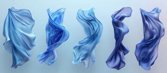 Sticker - Five flowing blue silk fabrics in different shapes against a gradient blue background.