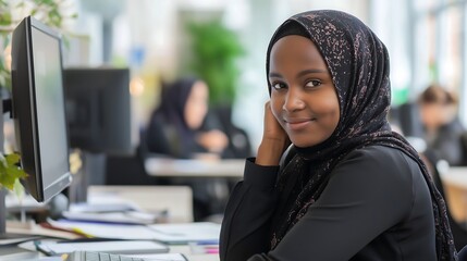 Portrait of a swedish hijabi in an swedish it class, sitting at a desk with a computer and documents, looking at the camera with a thoughtful smiling expression