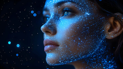 Wall Mural - A woman's face illuminated with a cosmic, starry pattern.