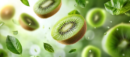 Canvas Print - Fresh kiwi fruit slices and leaves falling in the air.