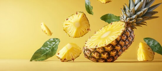 Canvas Print - Fresh pineapple slices falling and levitating on a yellow background.