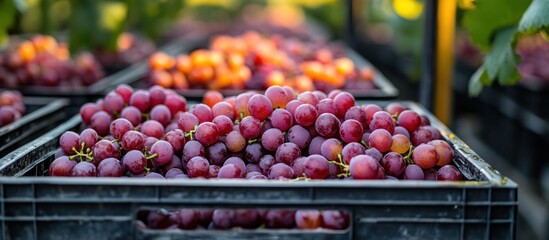 Wall Mural - Fresh red grapes in a plastic crate, ready for harvest.