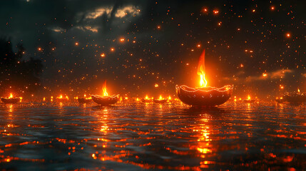 Poster - Floating Lanterns on a Calm Water Surface at Night